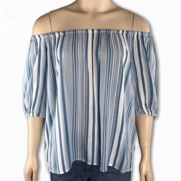 Women’s petite loft blue and white vertically striped blouse size small nautical - Picture 2 of 8